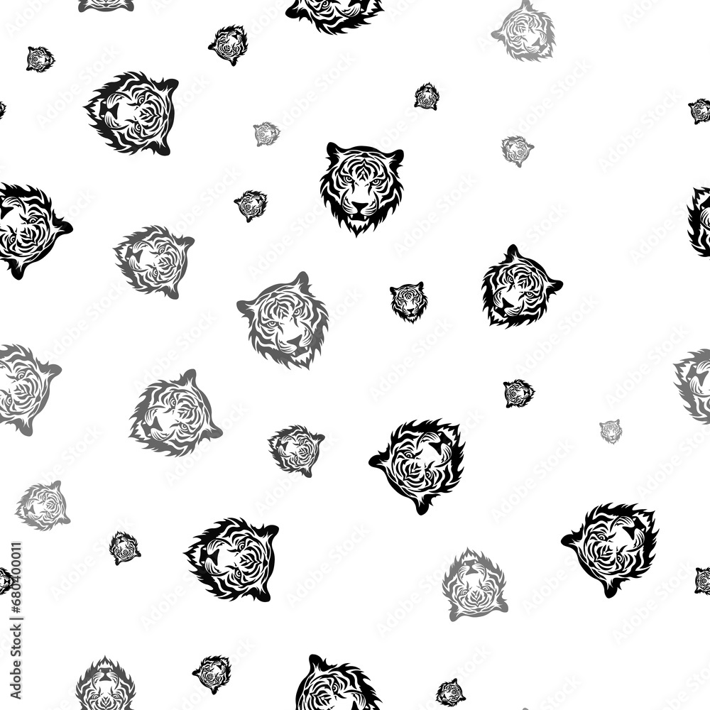 Poster seamless vector pattern with tiger head symbols, creating a creative monochrome background with rota