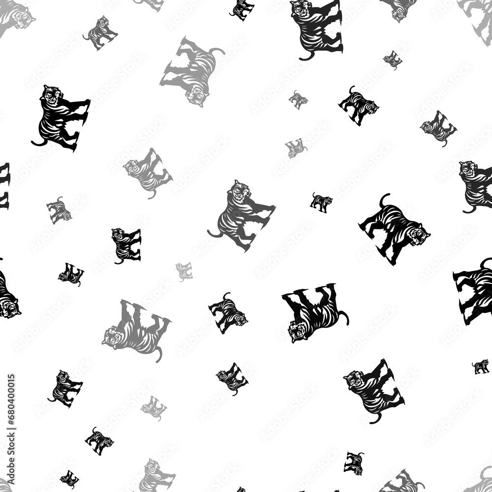 Poster seamless vector pattern with tiger symbols, creating a creative monochrome background with rotated e