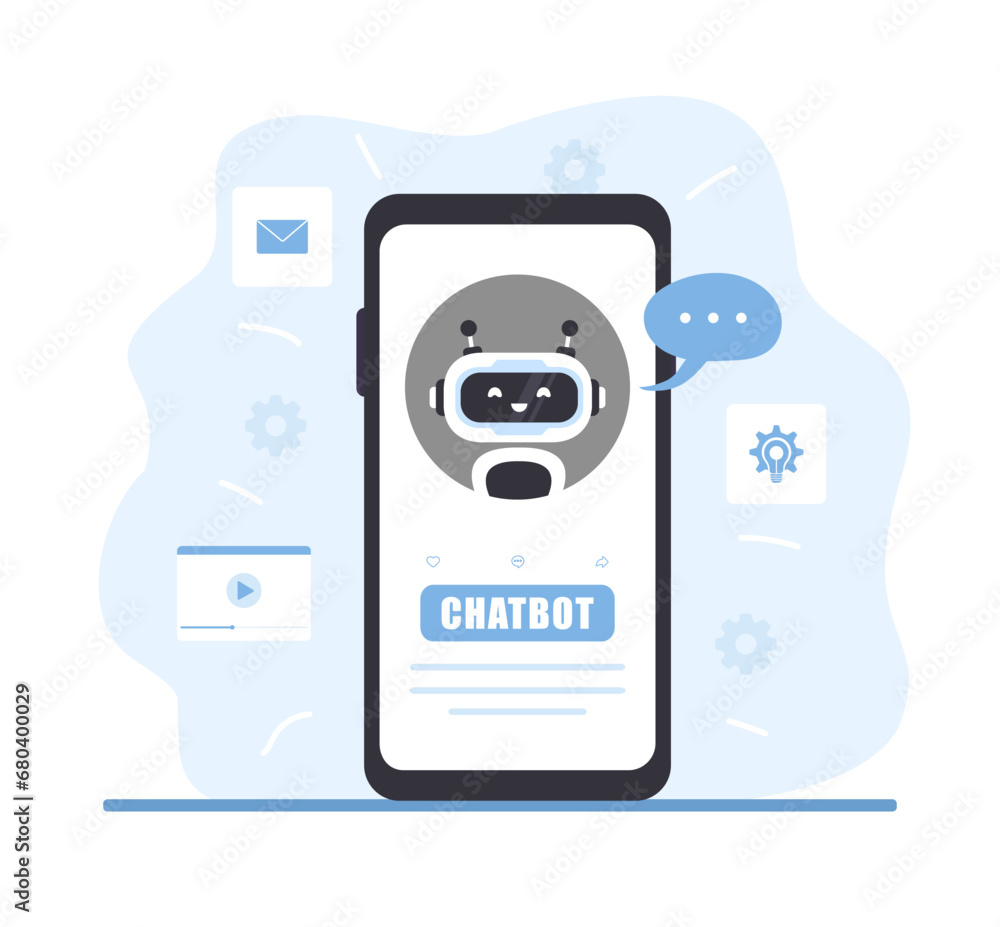 Aufkleber Robot chatbot on smartphone screen. AI business assistant. Online customer support and FAQ. Artificial intelligence technology. Help desk platform. Vector illustration in flat cartoon style.