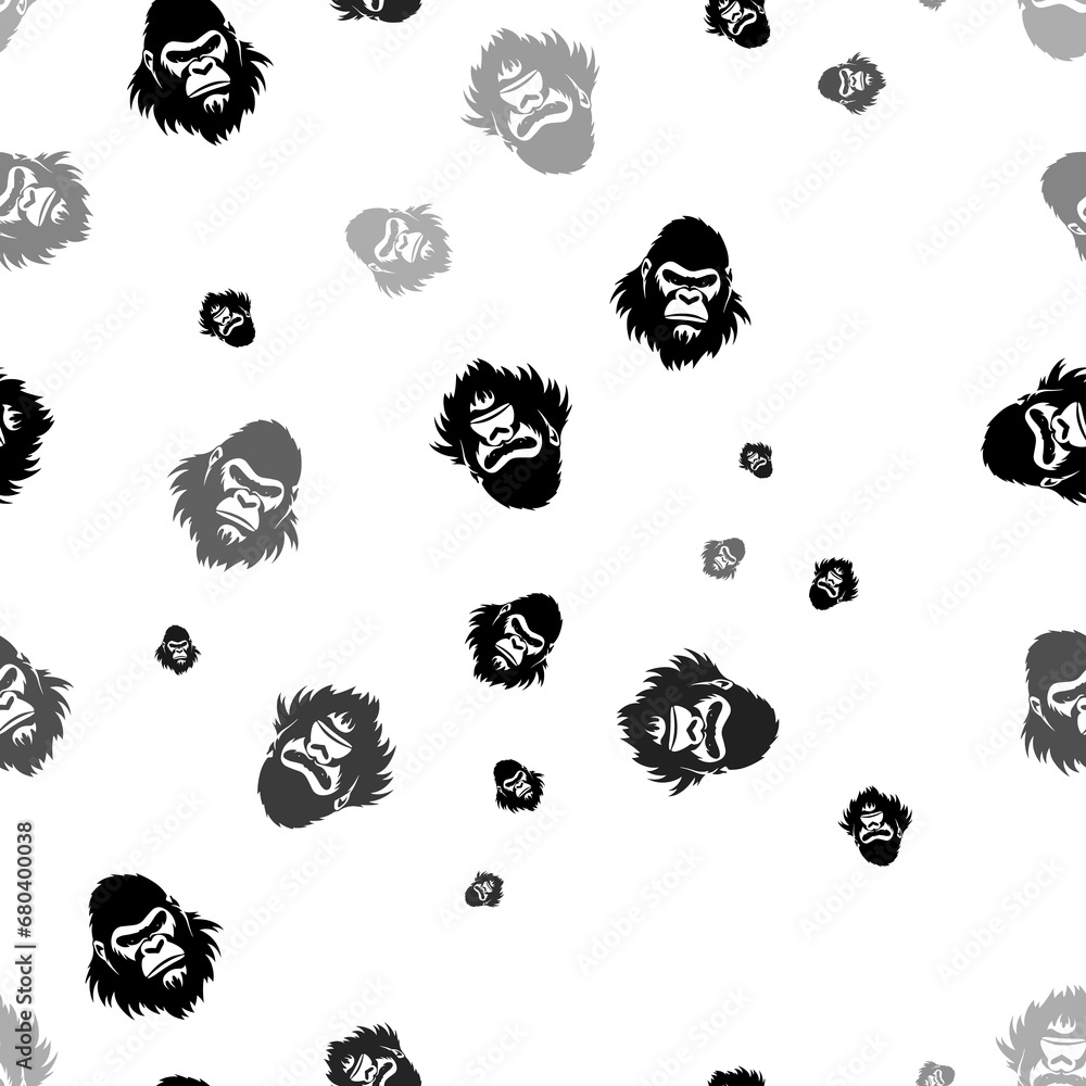 Poster seamless vector pattern with gorilla head symbols, creating a creative monochrome background with ro