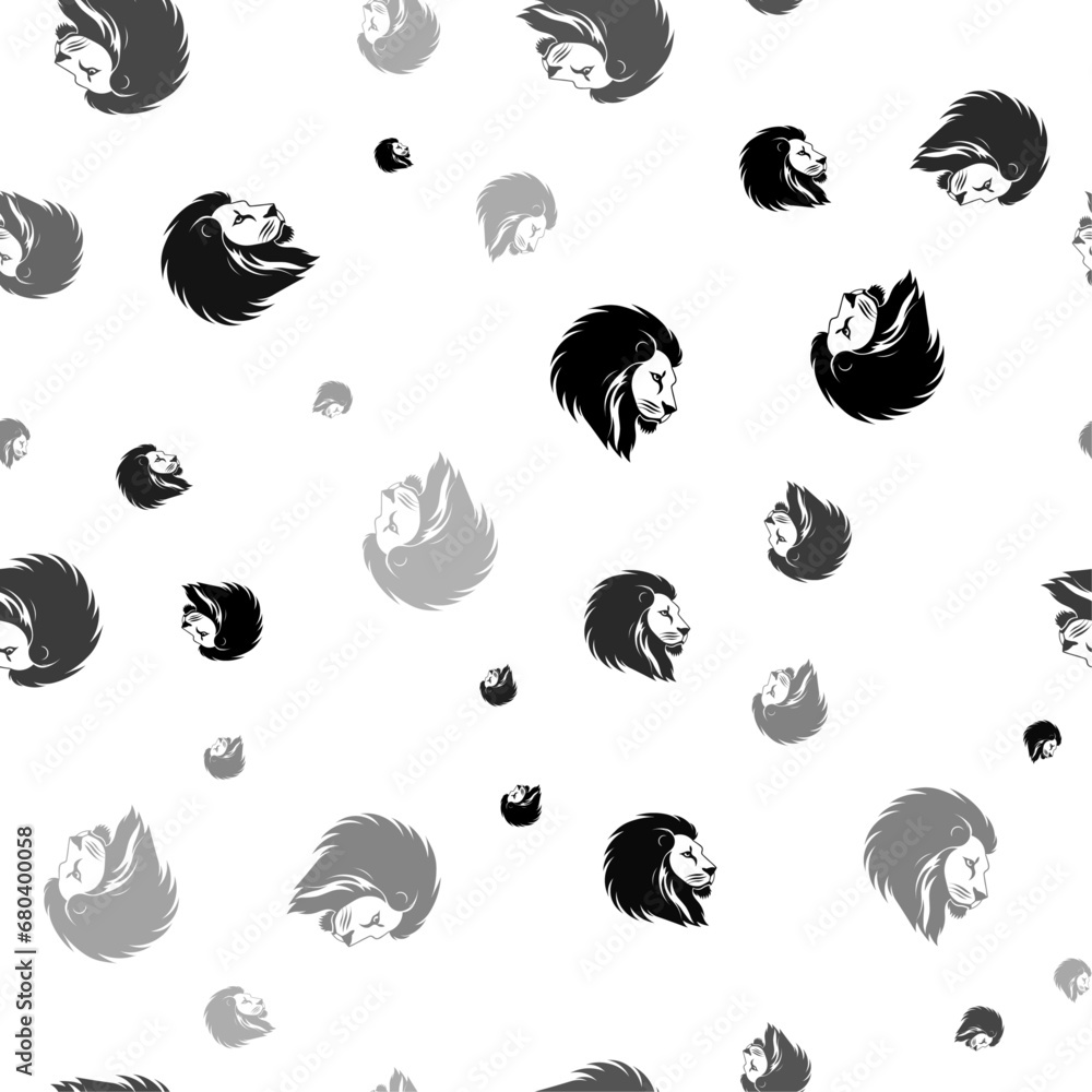 Poster seamless vector pattern with lion head icons, creating a creative monochrome background with rotated