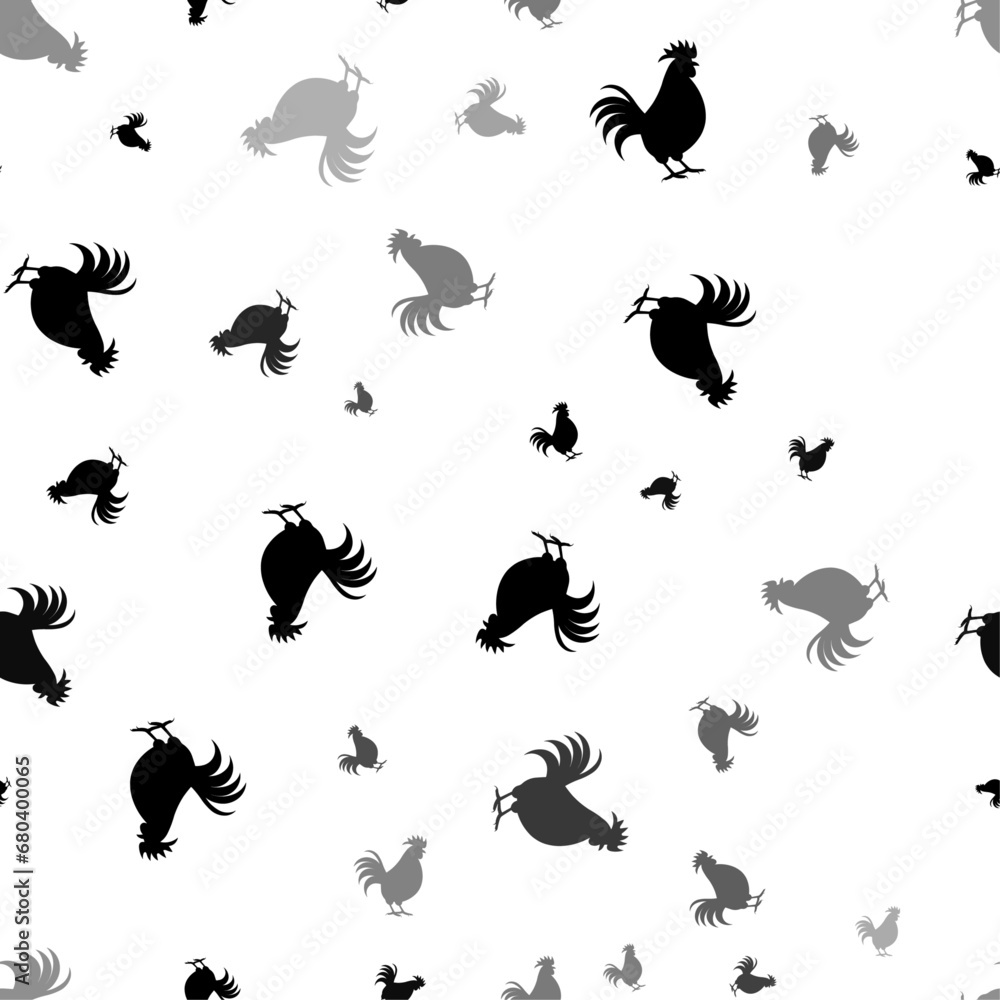Poster Seamless vector pattern with rooster symbols, creating a creative monochrome background with rotated elements. Vector illustration on white background
