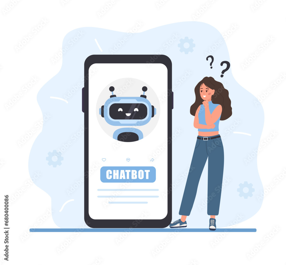 Aufkleber chatbot concept. woman talking with robot. ai assistant. girl asking questions and receiving answers