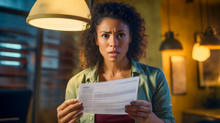 A woman shocked to see her unpaid bill - obrazy, fototapety, plakaty