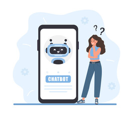 Chatbot concept. Woman talking with robot. AI assistant. Girl asking questions and receiving answers. Online customer support. Artificial intelligence. Vector illustration in flat cartoon style.