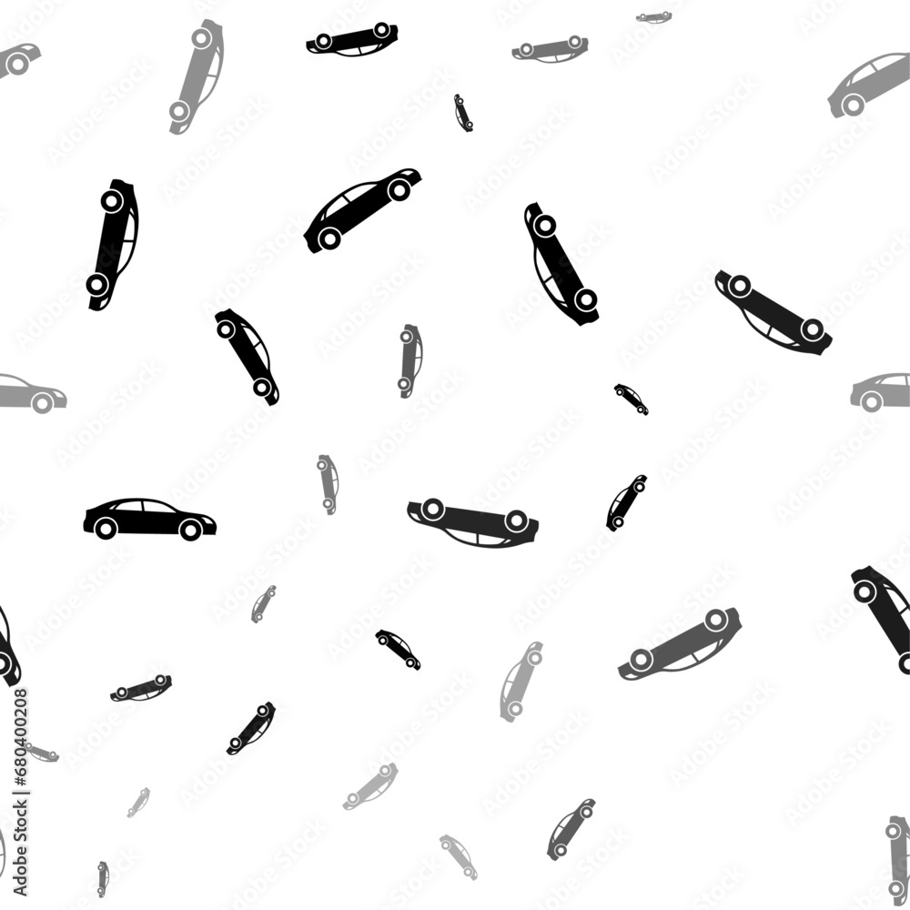 Poster seamless vector pattern with car symbols, creating a creative monochrome background with rotated ele