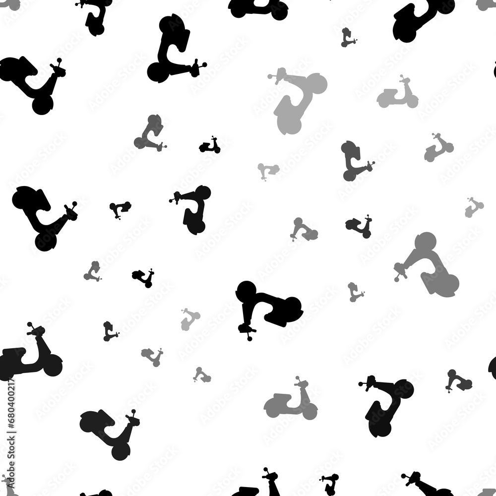 Poster seamless vector pattern with scooter symbols, creating a creative monochrome background with rotated