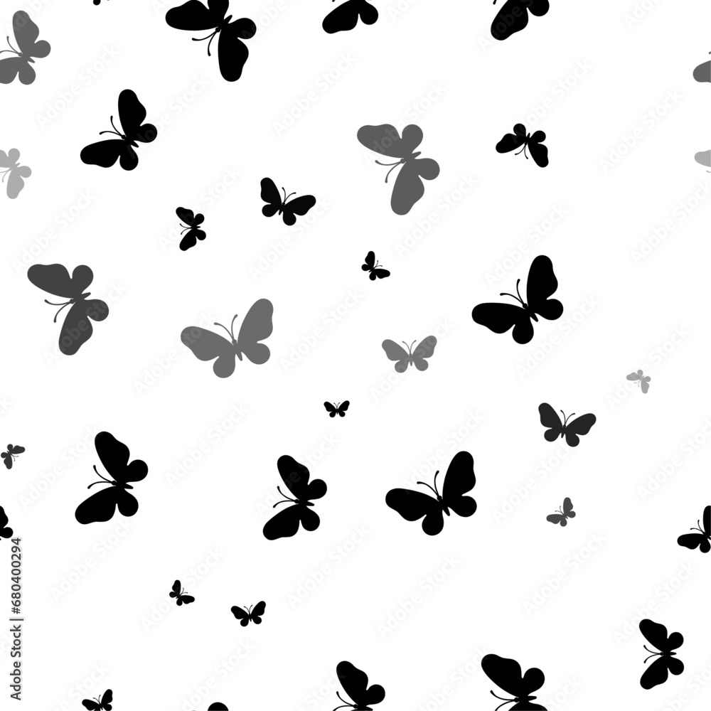 Poster seamless vector pattern with butterfly symbols, creating a creative monochrome background with rotat
