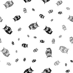 Seamless vector pattern with owl symbols, creating a creative monochrome background with rotated elements. Vector illustration on white background