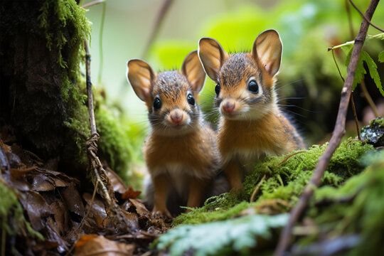 a pair of mouse deer in the forest