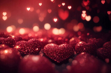 Small red hearts, sparkling, shiny, glimmering, magic atmosphere, intensly detailed, bokeh. Gnerative AI