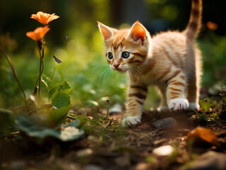 Naklejka na ściany i meble Curious Looking Tabby Kitten Looking at the Butterflies in a Garden