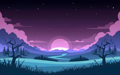 cartoon night landscape with moon and stars