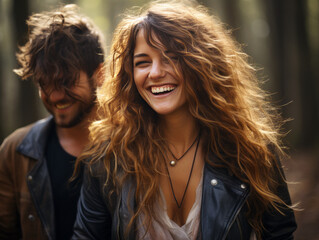 Fototapeta premium Joyful couple enjoying a forest hike in fall, Generative AI