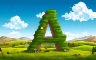 3d A letter on a cartoonish landscape