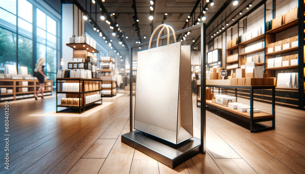 Aufkleber shopping bag presented on a sleek display in a bright modern boutique. branding and design concept. 
