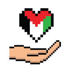 Pixel Palestine flag heart, I stand with Palestine vector Palestinian heart hand hold peace love