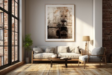 Salon moderne confortable et chaleureux avec canapé et un cadre au mur