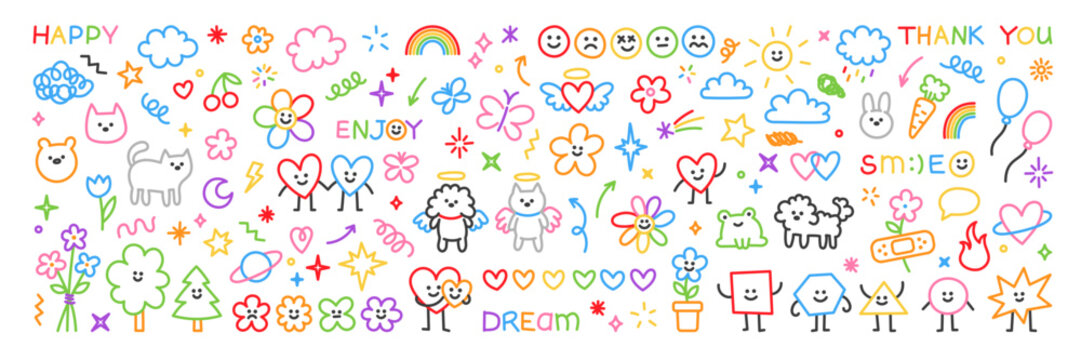 Cute kid scribble doodle icons set. Sun flower heart cat dog rainbow cloud smile elements and symbols.