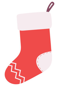 Flat style red sock icon isolated on white background. Christmas and New Year design element. Vector illustration of a red sock for gifts.
