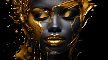 Portrait graphique femme noir avec peinture or qui coule sur le visage