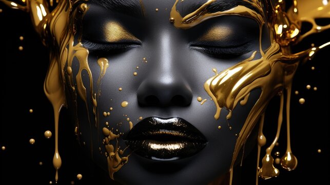 Portrait graphique femme noir avec peinture or qui coule sur le visage