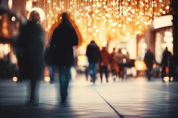 Blurred defocused image background, City street decorated for Christmas time. People walking in...