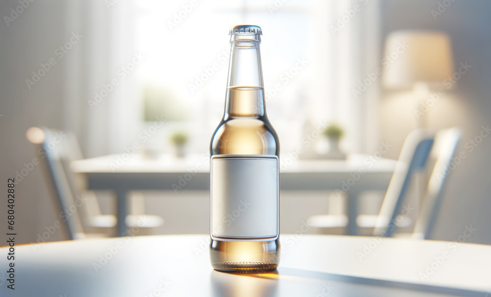 Poster bottle of beer on the table, mock up. generative ai