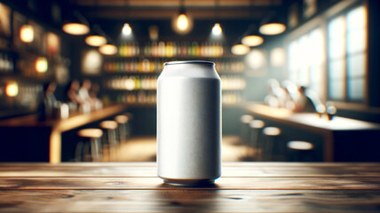 Single aluminum can with bar shelves backdrop. Packaging concept. Generative AI - obrazy, fototapety, plakaty