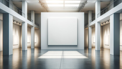 Spacious art gallery with large blank canvases. Modern interior design for exhibitions. Generative AI - obrazy, fototapety, plakaty