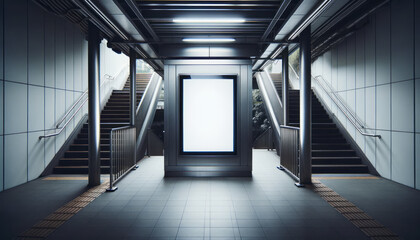 Blank billboard in the underground passage of a modern building, mockup. Generative AI - obrazy, fototapety, plakaty
