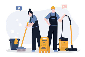 Cheerful cleaning team with mop and vacuum cleaner. Group of janitors, cartoon characters. Staff dressed in uniform. Cleaning service. Cleaning tools and detergent. - obrazy, fototapety, plakaty