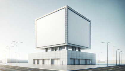 Fototapeta premium Modernistic edifice featuring a prominent billboard mockup. Blue sky, outdoor advertisement concept. Generative AI