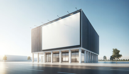 Modern commercial building with large mockup billboard, clear sky background. Advertising concept. Generative AI