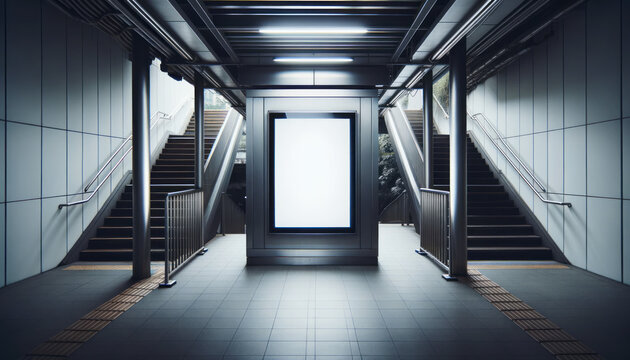 Blank billboard in the underground passage of a modern building, mockup. Generative AI