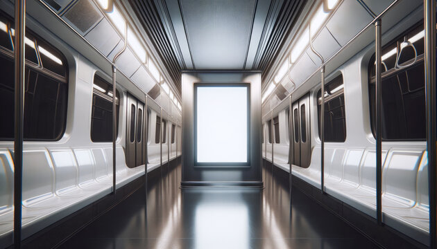 Sleek and empty subway carriage with a prominent banner mockup, offering a modern urban transit experience. Generative AI