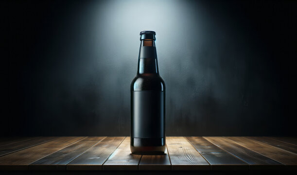 bottle of beer on the wooden table in dark room with fog, mockup. Generative AI