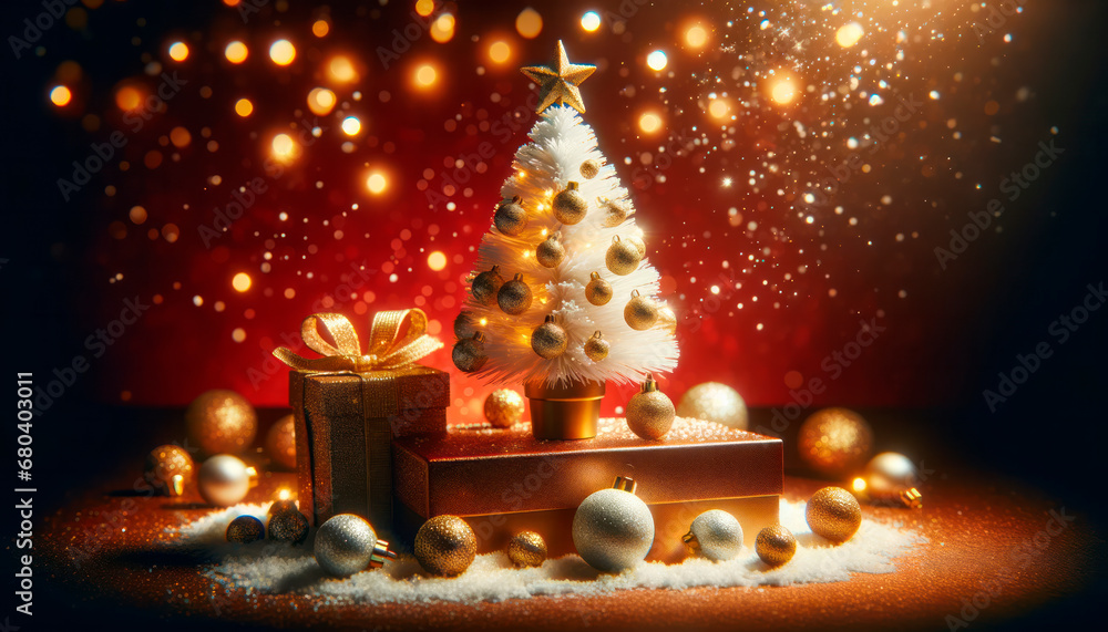Poster White Christmas tree with gift box on snow with bokeh background. Generative AI