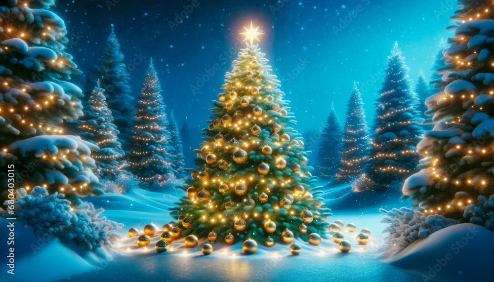 Poster christmas and new year background with christmas tree and snowflakes. generative ai