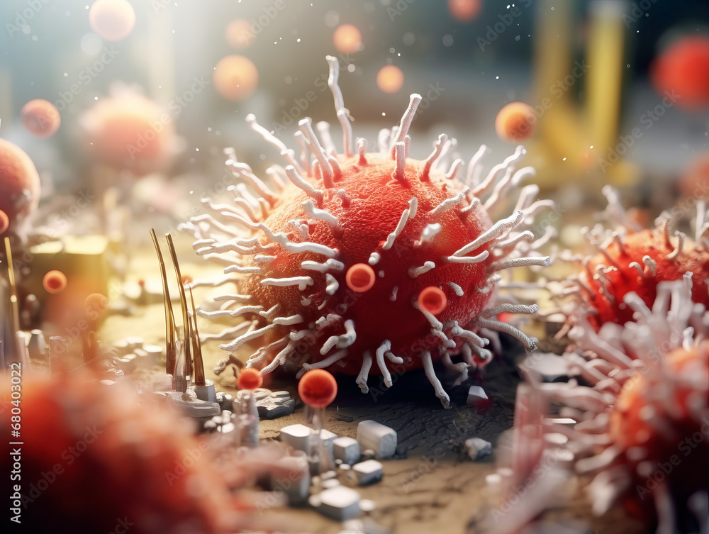 Poster detailed visualization of red microorganisms with extended fibers. microbiology, science concept. ge
