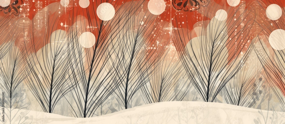 Poster in a vintage winter scene, an abstract pattern of retro white lines dances across the background of 