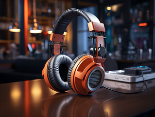 Orange headphones on a polished studio table. Generative AI
