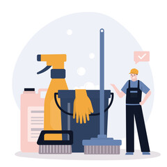Cheerful cleaning man with mop and bucket. Male janitor cartoon character. Staff dressed in uniform. Worker man of cleaning service. Cleaning tools and detergent. - obrazy, fototapety, plakaty
