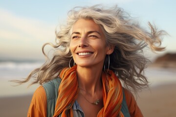 Une femme de 60 ans sénior avec les cheveux dans le vent en train de sourire en extérieur sur la plage - obrazy, fototapety, plakaty