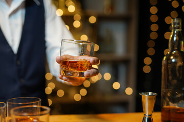 Bartender Serve Whiskey, on wood bar, 
