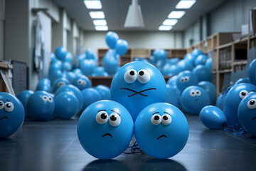 Group of Blue balloon with sad face drawn  in Blue office , Blue Monday concept, Photo realistic,