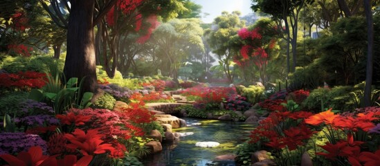 Fototapeta na wymiar lush garden, amidst the vibrant greenery, the park burst with the beauty of summer, as colorful flowers adorned the landscape with their textured petals, flaunting hues of red, adding a tropical touch