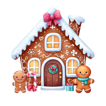 Gingerbread House Christmas Decoration, holiday sweets gift, png isolated on a transparent background, watercolor clipart illustration