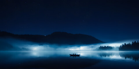 Fototapeta na wymiar Serene Nighttime Lake Scene Perfect for Dark Background with Mist Over Water and Forested Mountains Under a Starry Sky