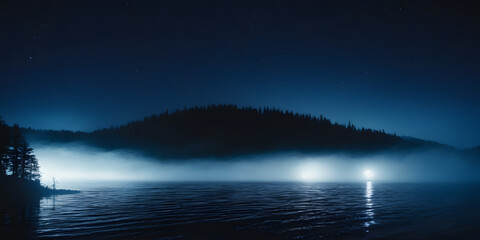 Serene Nighttime Lake Scene Perfect for Dark Background with Mist Over Water and Forested Mountains Under a Starry Sky